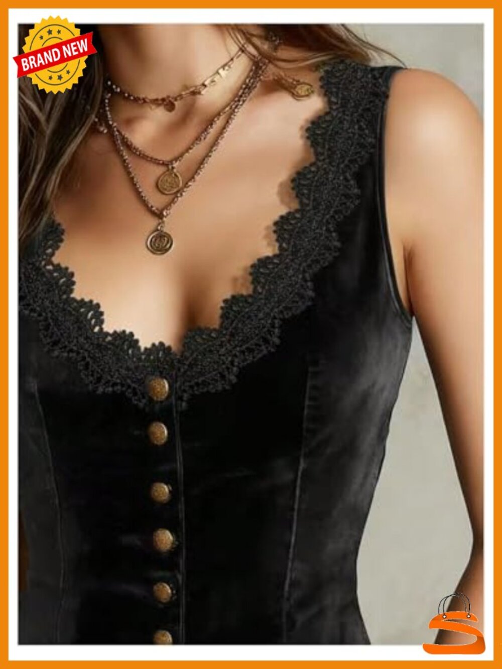 Lace Button Down Tank Top Sleeveless V Neck Fitted Velvet Vest - Picture 3 of 3